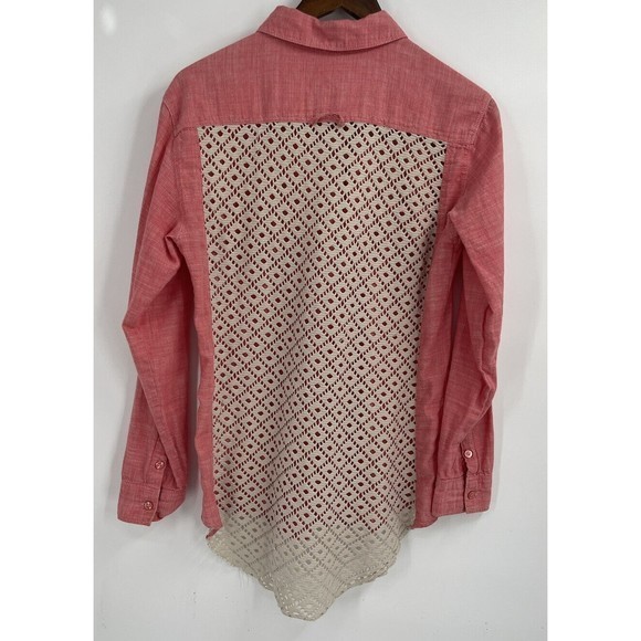 Free People Shirt Womens Small Salmon Pink Button Down With Crochet Lace Back - Picture 6 of 8